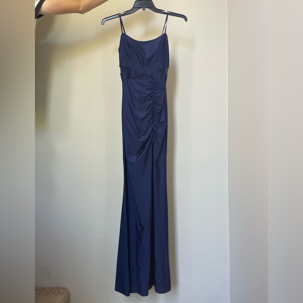 Emerald Sundae Blue Ruched Maxi Gown Spaghetti Strap